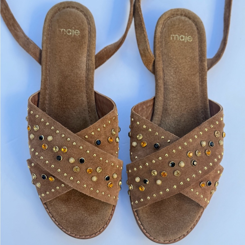 Maje Brown Suede Studded lace up Sandals